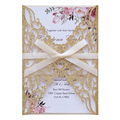 Invito di Nozze Taglio Laser Glitter Con Fiocco in Raso Motivo a Rose Traforate per Fidanzamento Festa Evento Cerimonia