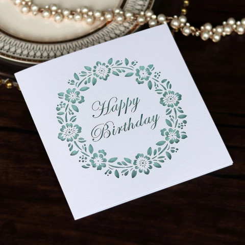 Biglietti di Auguri Happy Birthday Tagliati al Laser in Carta Perlata Quadrati Floreali Biglietti d'Invito con Pagina Interna