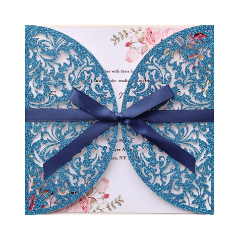Laser Cut Wedding Invitations Glitter Hollow Floral Invitation Cards With Ribbon Envelope Inner Sheet For Marriage Party