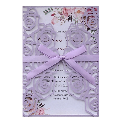 Laser Geschnittene Hochzeitskarten Elegantes Hohles Rosendesign Perlmuttpapier Einladungskarten Mit Schleife Für Verlobungsfeier