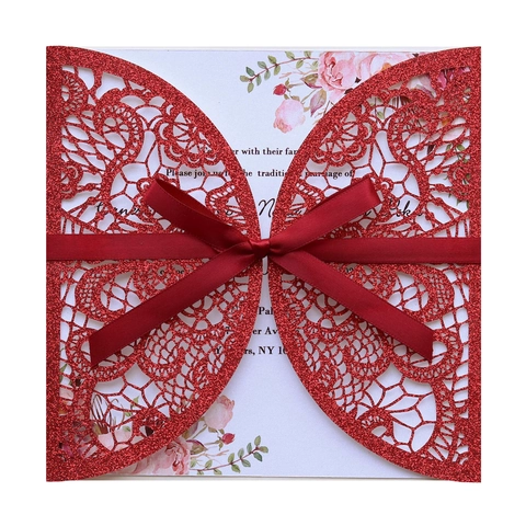 Elegant Laser Cut Wedding Invitation Set Glitter Hollow Floral With Ribbon Bow Inner Sheet Envelope For Bridal Shower Party Engagement