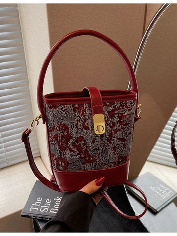 Vintage New Chinese Style Embroidered Bucket Bag Wine Red PU Leather Crossbody Bag With Metal Lock Handbag For Women