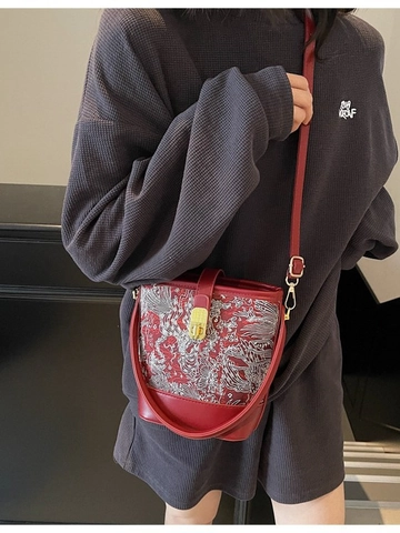 Vintage New Chinese Style Embroidered Bucket Bag Wine Red PU Leather Crossbody Bag With Metal Lock Handbag For Women