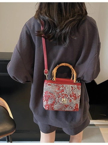 Chinese Style Phoenix Embroidery Bucket Bag Vintage Bamboo Handle Handbag For Women Wine Red PU Leather Crossbody Bag