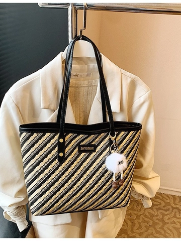 Sac Cabas Tissé en PU à Grande Capacité pour Femmes Sac à Bandoulière Rayé à la Mode Avec Pendentif Poupée en Peluche Sac à Main Quotidien