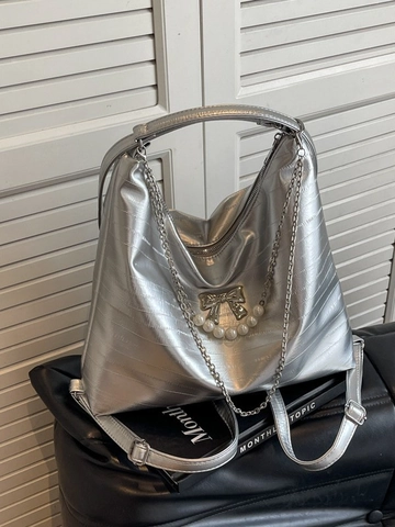 Damen Große Kapazität PU Leder Rucksack Mode Schleife Künstliche Perle Kette Hobo Tasche Vielseitige Pendler Tragetasche
