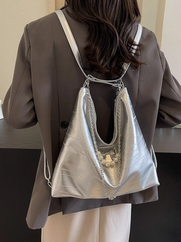 Damen Große Kapazität PU Leder Rucksack Mode Schleife Künstliche Perle Kette Hobo Tasche Vielseitige Pendler Tragetasche