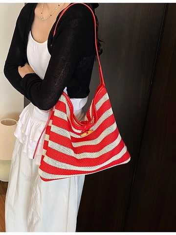 Fashion Women Striped Woven Tote Bag PU Leather Mesh Shoulder Bag With Wood Toggle Button Casual Vacation Handbag
