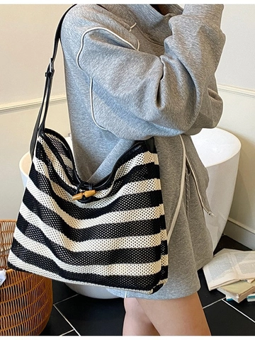 Fashion Women Striped Woven Tote Bag PU Leather Mesh Shoulder Bag With Wood Toggle Button Casual Vacation Handbag