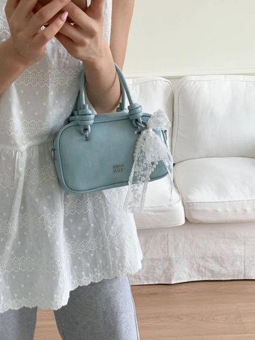 Sac Oreiller en Cuir PU Mode Femme Sac à Main Bandoulière Color Block Avec Nœud en Dentelle et Breloque Perle Artificielle