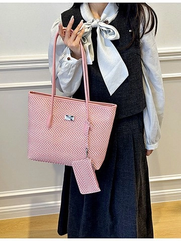 Women Fashion Large Capacity Tote Bag Set PU Leather Chevron Pattern Shoulder Handbag Casual Commute Office Shopping Bag