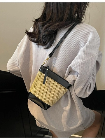 Women Straw Woven Bucket Crossbody Bag Fashion PU Leather Patchwork Mobile Phone Bag Summer Beach Holiday Shoulder Bag