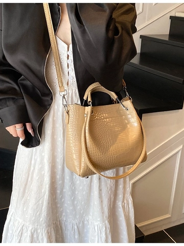 Vintage Crocodile Pattern PU Leather Bucket Bag For Women Large Capacity Shoulder Crossbody Bag Minimalist Fashion Daily Bag