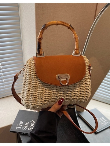 Vintage Straw Woven Crossbody Bag Women Bamboo Handle Leather Flap Small Shell Handbag Beach Vacation Casual Shoulder Bag