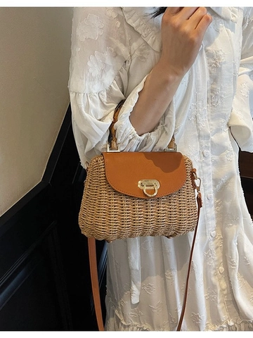 Vintage Straw Woven Crossbody Bag Women Bamboo Handle Leather Flap Small Shell Handbag Beach Vacation Casual Shoulder Bag