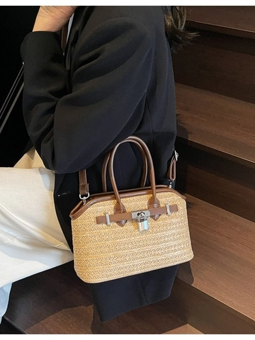 Vintage Straw Woven Handbag For Women Contrast Synthetic Leather Trim Metal Lock Square Shoulder Messenger Beach Vacation Bag