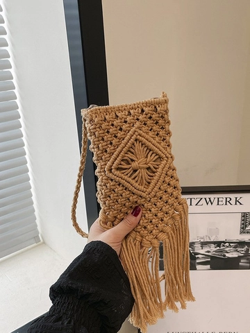 Bohemian Hand Woven Straw Crossbody Bag For Women Tassel Small Phone Purse Summer Beach Vacation Shoulder Messenger Bag