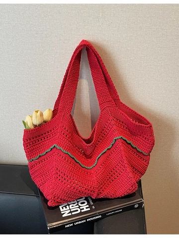 Women Handmade Knitted Hollow Out Shoulder Bag Large Capacity Crochet Tote Bag Beach Vacation Contrast Color Hobo Bag