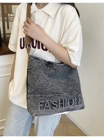 Women Vintage Washed Denim Tote Bag Large Capacity Letter Embroidery Shoulder Bag Casual Commuter Hobo Handbag