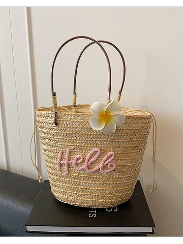 Women Summer Straw Woven Handbag Vacation Beach Shoulder Bag With Flower Decoration And Hello Embroidery Drawstring Bucket Bag
