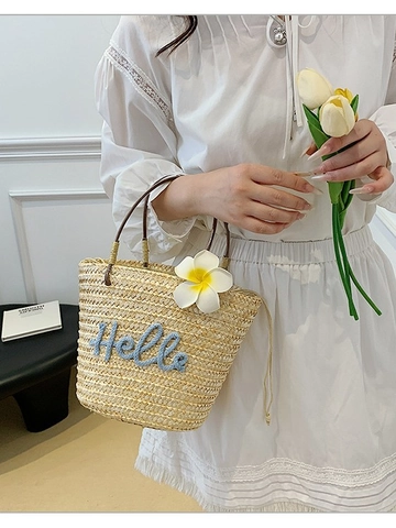 Women Summer Straw Woven Handbag Vacation Beach Shoulder Bag With Flower Decoration And Hello Embroidery Drawstring Bucket Bag