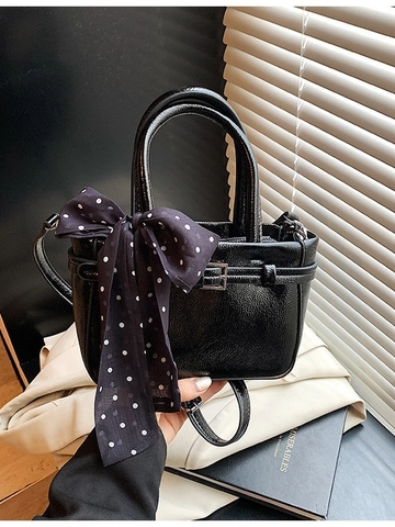 Women Fashion PU Leather Bucket Bag Minimalist Small Shoulder Crossbody Handbag With Polka Dot Scarf Elegant Lady Purse