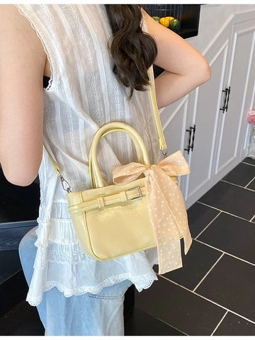Women Fashion PU Leather Bucket Bag Minimalist Small Shoulder Crossbody Handbag With Polka Dot Scarf Elegant Lady Purse