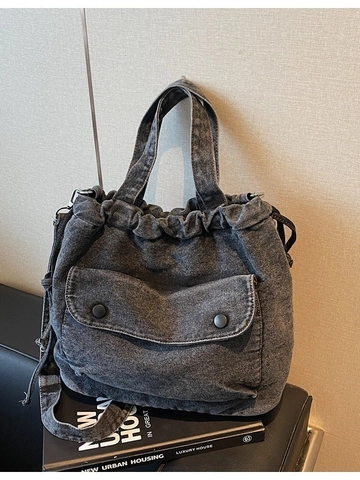 Women Vintage Washed Denim Tote Bag Large Capacity Drawstring Shoulder Bag Retro Casual Crossbody Bag For Work Travel Daily