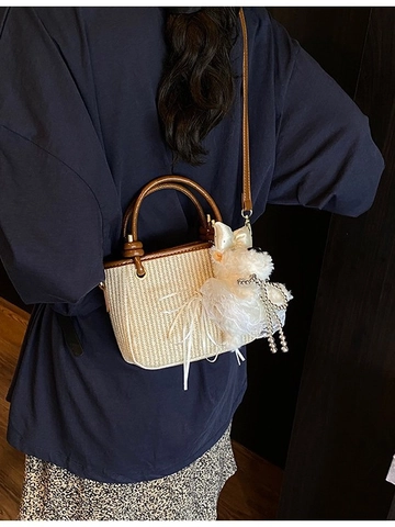 Women Fashion Woven PU Leather Bucket Bag Korean Casual Commuter Handbag Small Crossbody Bag With Cute Plush Animal Charm