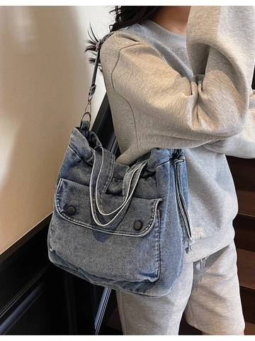 Women Vintage Washed Denim Tote Bag Large Capacity Drawstring Shoulder Bag Retro Casual Crossbody Bag For Work Travel Daily
