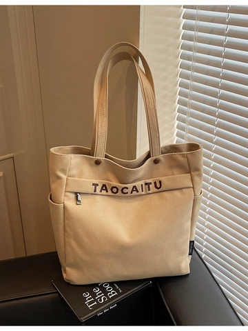 Women's Large Capacity Canvas Tote Bag Letter Printed Minimalist Shoulder Bag With Zipper Casual Commuting Handbag For Students
