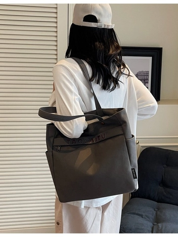 Women's Large Capacity Canvas Tote Bag Letter Printed Minimalist Shoulder Bag With Zipper Casual Commuting Handbag For Students