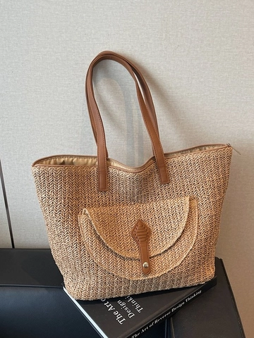 Large Capacity Straw Woven Tote Bag For Women Summer Beach Vacation Casual Shoulder Bag With Front Pocket Zipper Closure
