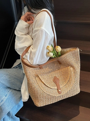 Large Capacity Straw Woven Tote Bag For Women Summer Beach Vacation Casual Shoulder Bag With Front Pocket Zipper Closure