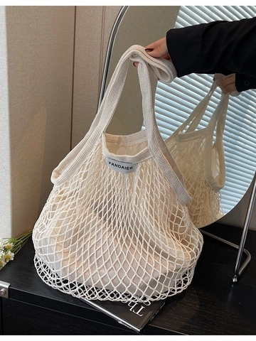 French Style Women Cotton Woven Hollow Mesh Shoulder Bag Large Capacity Summer Vacation Daily Casual Handbag Bucket Bag