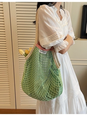 French Style Women Cotton Woven Hollow Mesh Shoulder Bag Large Capacity Summer Vacation Daily Casual Handbag Bucket Bag