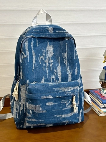 Large Capacity Denim Backpack For Women Distressed Shredded Design College Style Travel School Bag With Tassel Decor