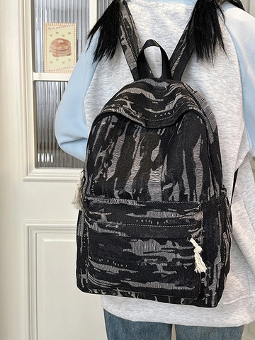 Large Capacity Denim Backpack For Women Distressed Shredded Design College Style Travel School Bag With Tassel Decor
