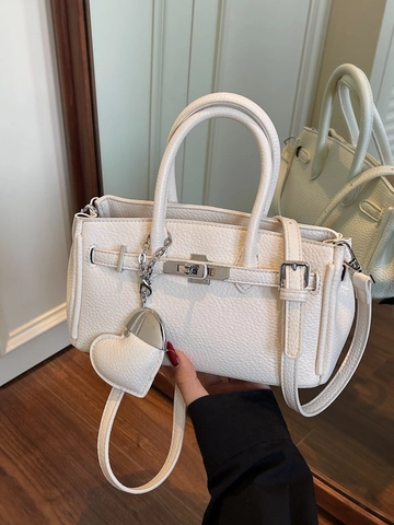 Women Elegant Pebble Grain PU Leather Handbag Birkin Style Handheld Crossbody Bag With Silver Hardware Heart Pendant