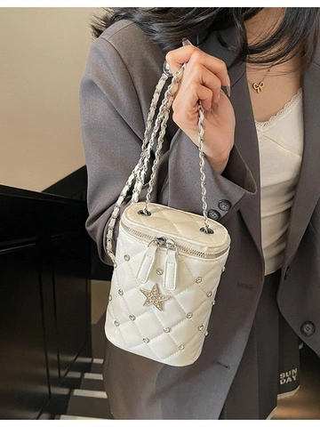 Bolso de Cubo Acolchado para Mujer Piel Sintética Con Cadena y Decoración de Estrella de Strass Bolso de Hombro Elegante Moda