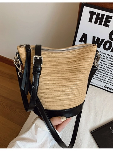 Damen Stroh Webmuster Beuteltasche PU Leder Patchwork Umhängetasche Lässige Sommer Strand Schultertasche Verstellbarer Riemen