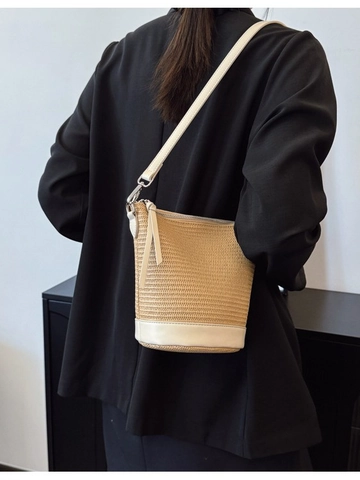 Damen Stroh Webmuster Beuteltasche PU Leder Patchwork Umhängetasche Lässige Sommer Strand Schultertasche Verstellbarer Riemen