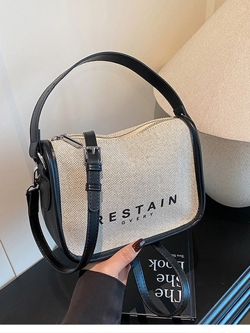 Women Minimalist Canvas Crossbody Bag With Leather Trim Letter Print Small Square Shoulder Bag Fashionable Casual Tote