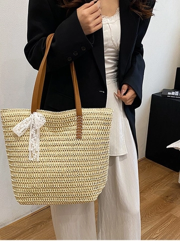 Women Large Capacity Straw Woven Tote Bag With Lace Bow Decorative Shoulder Bag Summer Beach Vacation Handbag