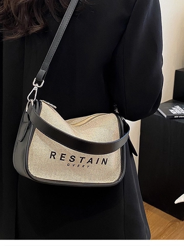 Women Minimalist Canvas Crossbody Bag With Leather Trim Letter Print Small Square Shoulder Bag Fashionable Casual Tote