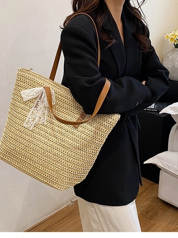 Women Large Capacity Straw Woven Tote Bag With Lace Bow Decorative Shoulder Bag Summer Beach Vacation Handbag