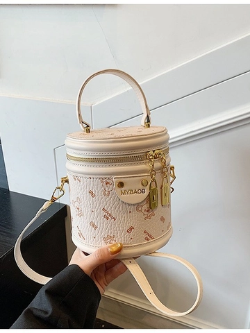 Vintage Cartoon Bear Print PU Leather Cylindrical Bucket Bag For Women Fashion Top Handle Shoulder Crossbody Bag