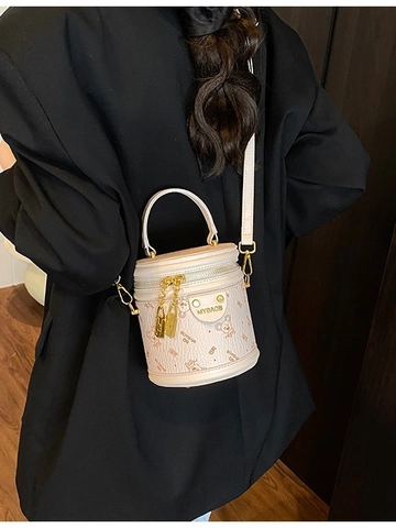 Vintage Cartoon Bear Print PU Leather Cylindrical Bucket Bag For Women Fashion Top Handle Shoulder Crossbody Bag