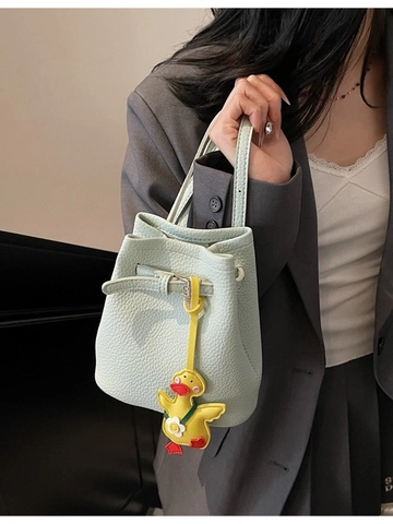 Women Fashion Litchi Pattern PU Leather Bucket Bag Niche Design Contrast Color Shoulder Crossbody Bag With Cartoon Duck Pendant