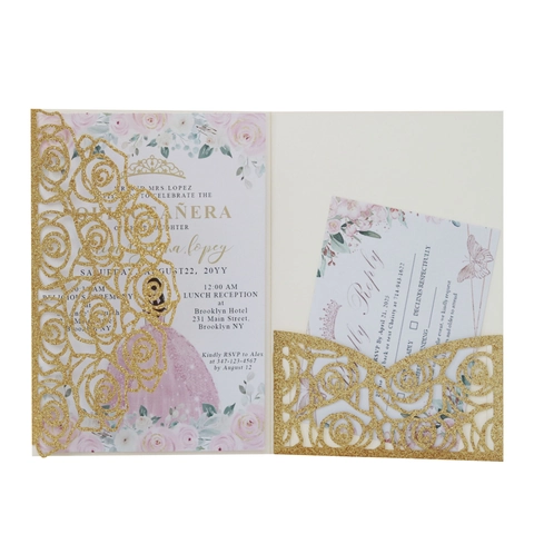 Invito a Forma di Rosa con Taglio al Laser Carta Glitterata Eleganti Inviti di Nozze Floreali Invito Quinceanera Con Carta RSVP